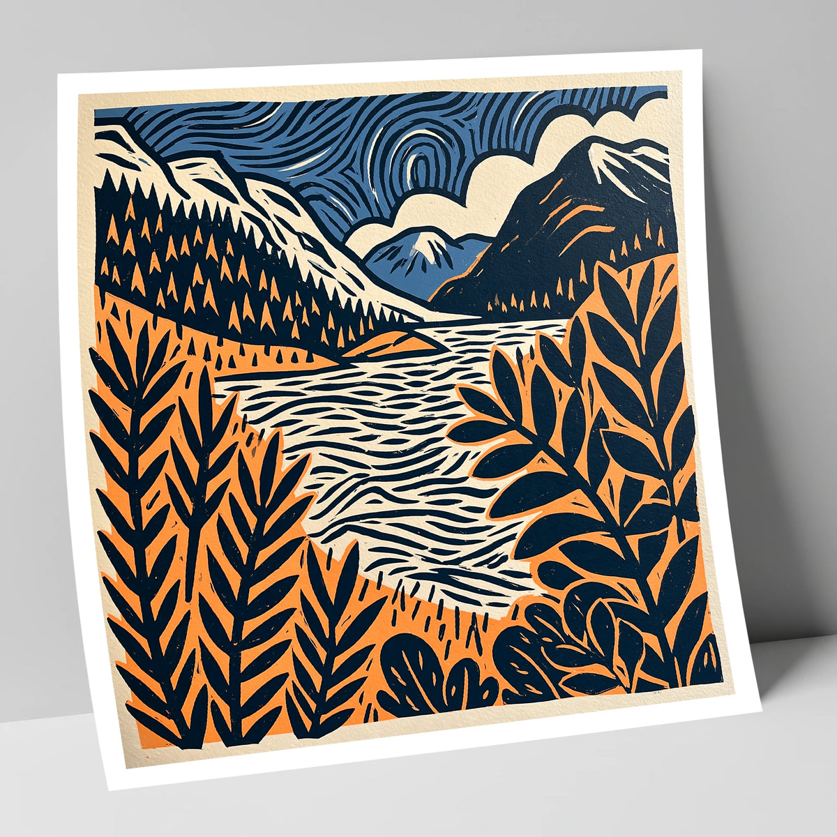 Navy and Terracotta Lake Dawn lake district lake art print