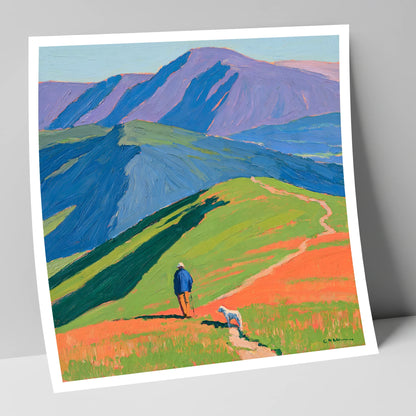 Vibrant Walker and Dog on Latrigg gifts for dog walkers art print