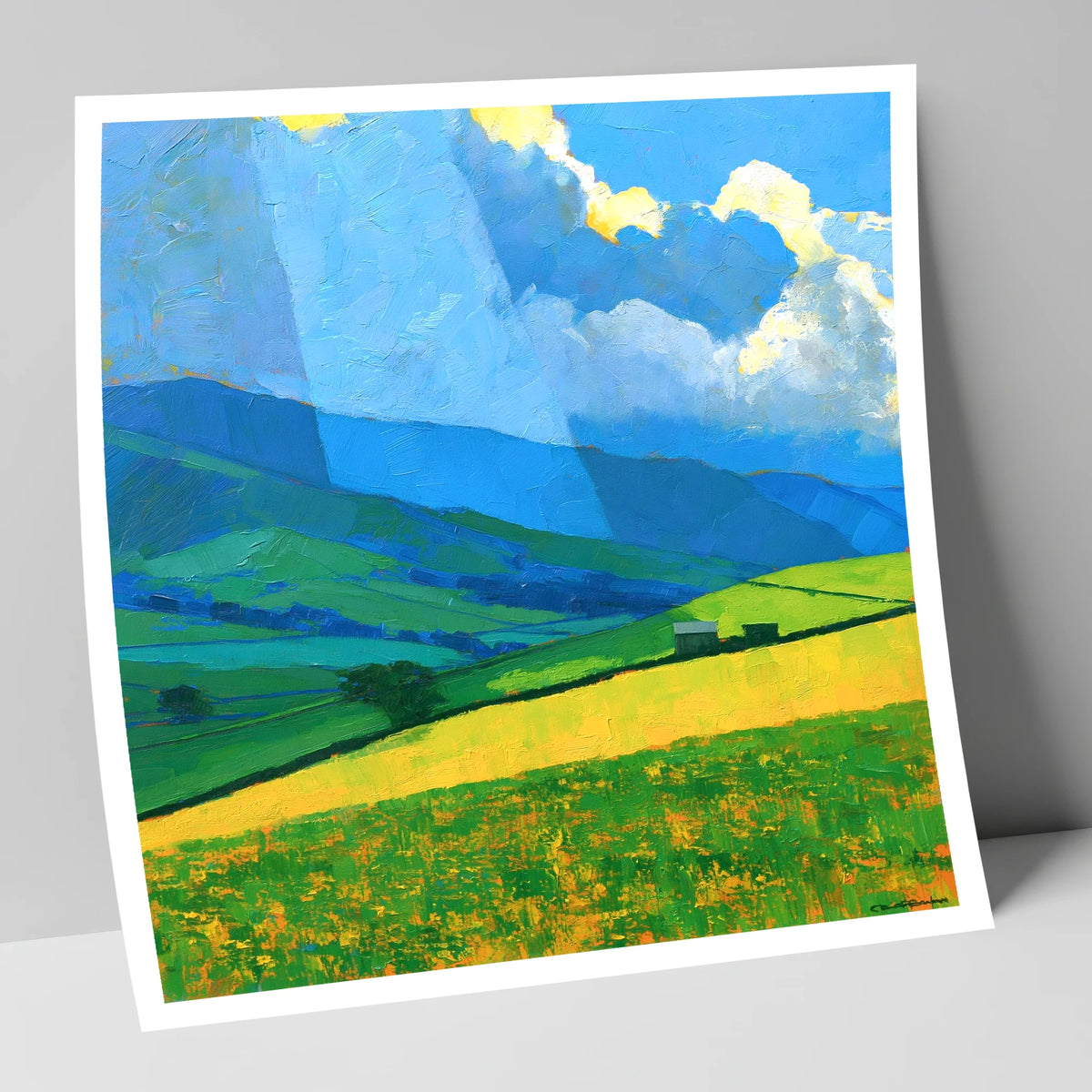 Sunlit Yellow Fields and Stormy Fells lake district sky art print