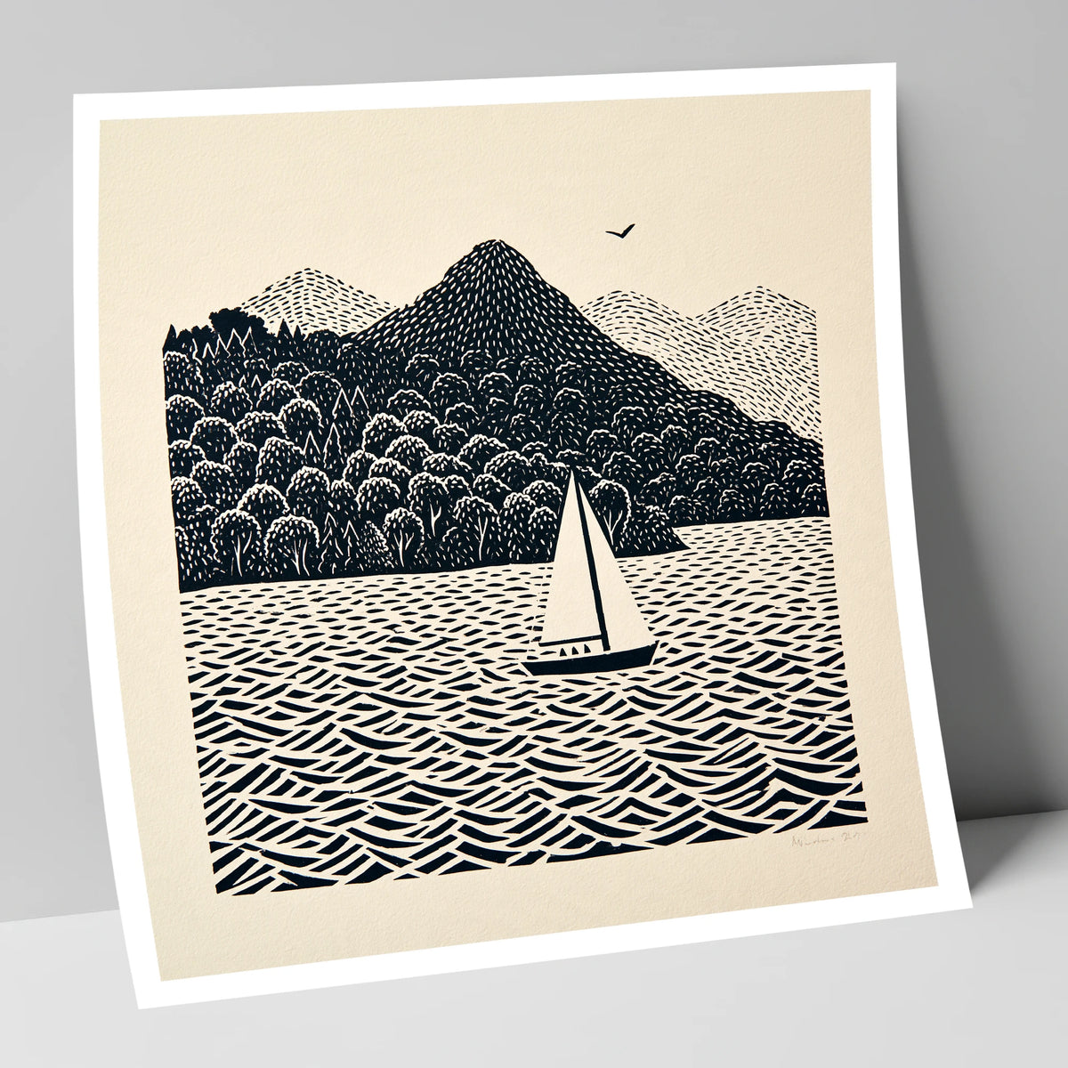 Monochrome Windermere Sailboat lake district lake art print