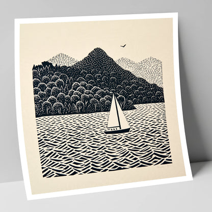Monochrome Windermere Sailboat lake district lake art print