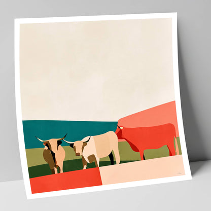 Abstract Highland Cattle and Fells lake district wildlife art print
