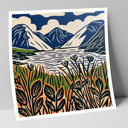 Wastwater in Navy and Orange lake district lake art print