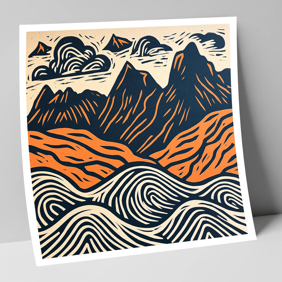 Navy and Orange Langdale Pikes lake district fell art print