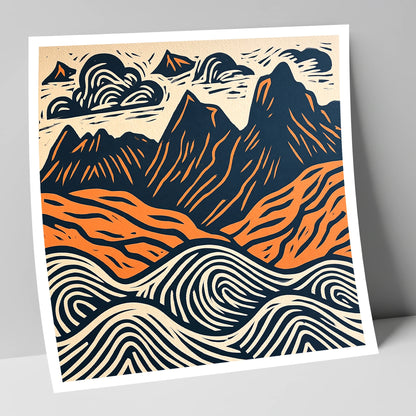 Navy and Orange Langdale Pikes lake district fell art print