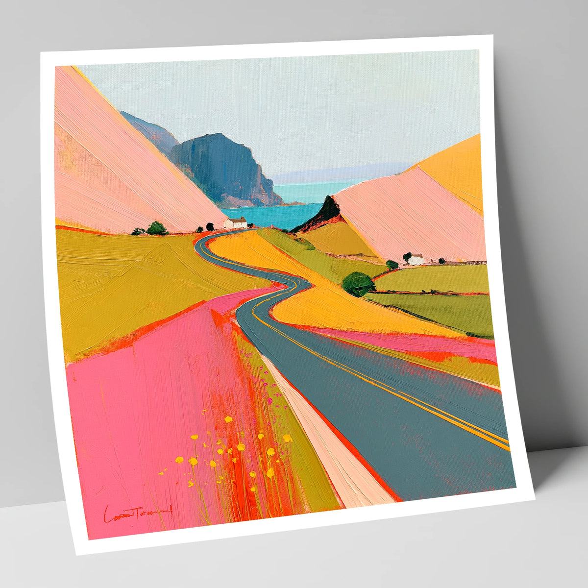 Bold Pink Mountain Pass lake district valley art print