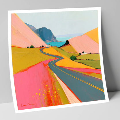 Bold Pink Mountain Pass lake district valley art print