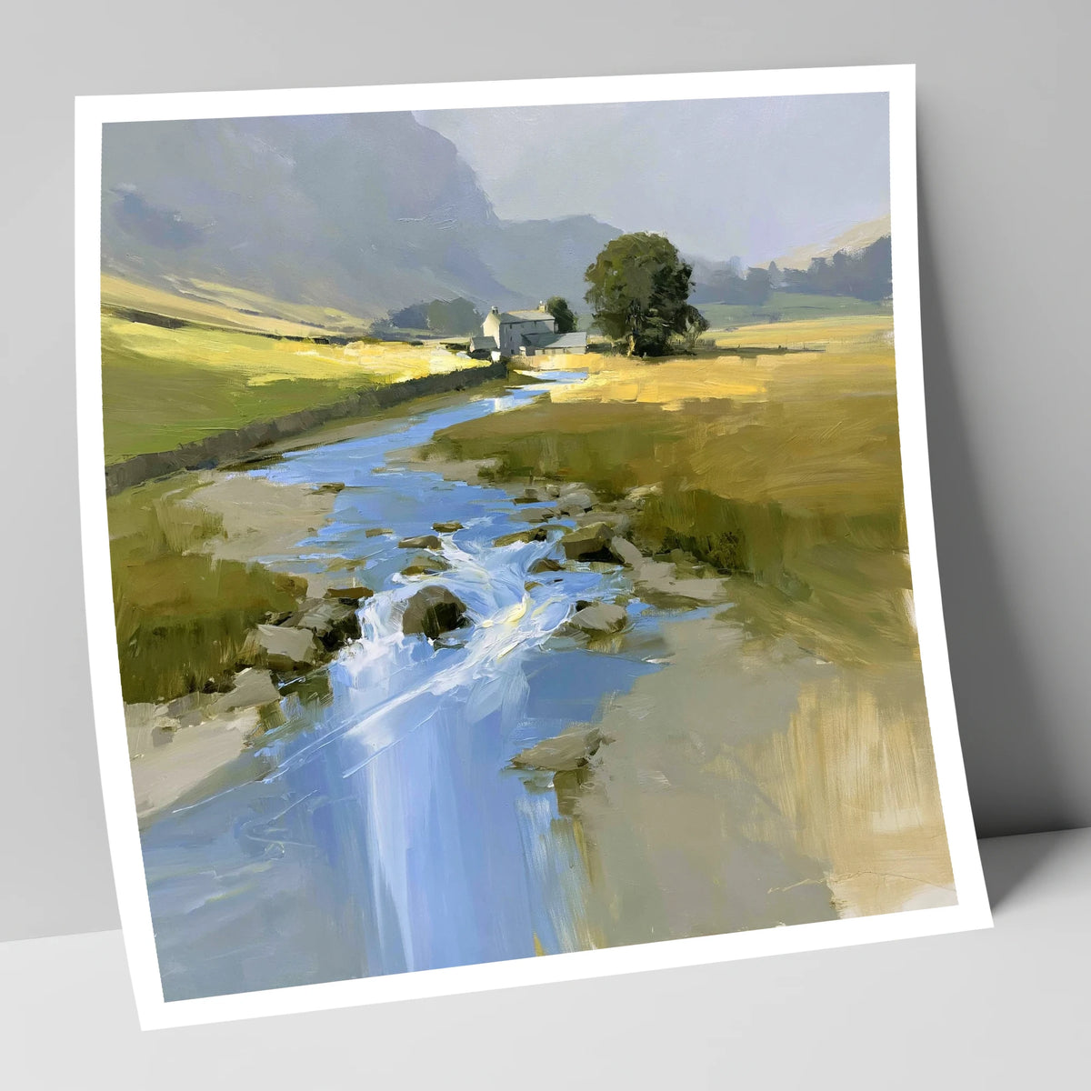 Sunlit Valley Beck and Farmhouse lake district waterfall art print