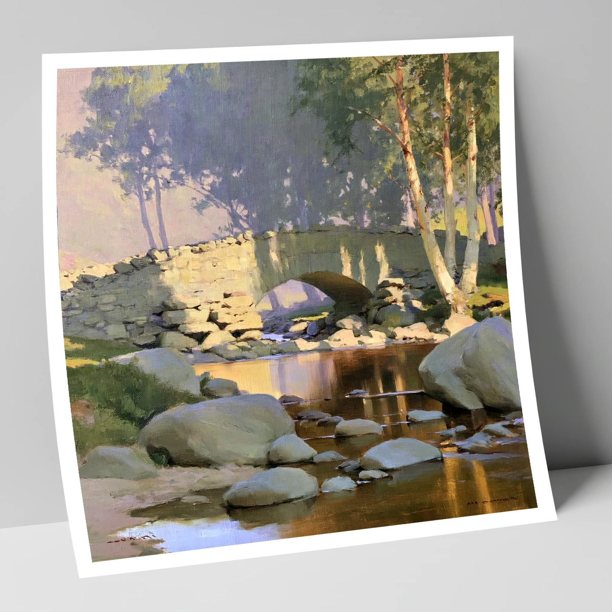 Sunlit Arched Bridge Over Beck lake district waterfall art print