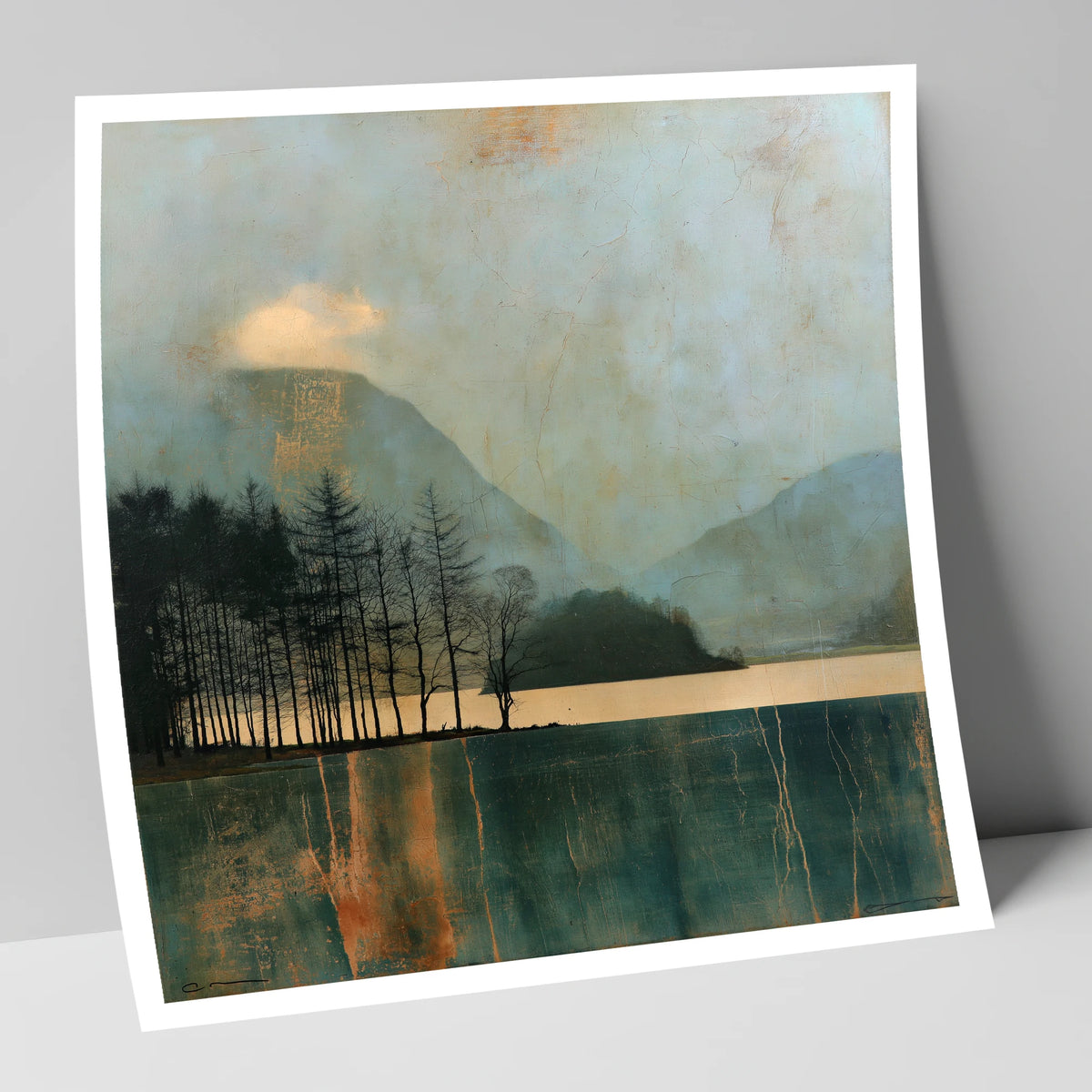 Grasmere Island in Teal and Gold lake district lake art print