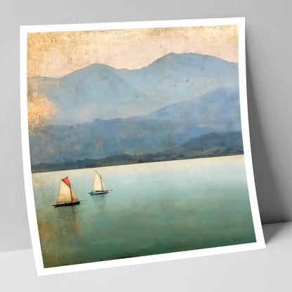 Windermere Sailboats in Teal and Gold lake district lake art print