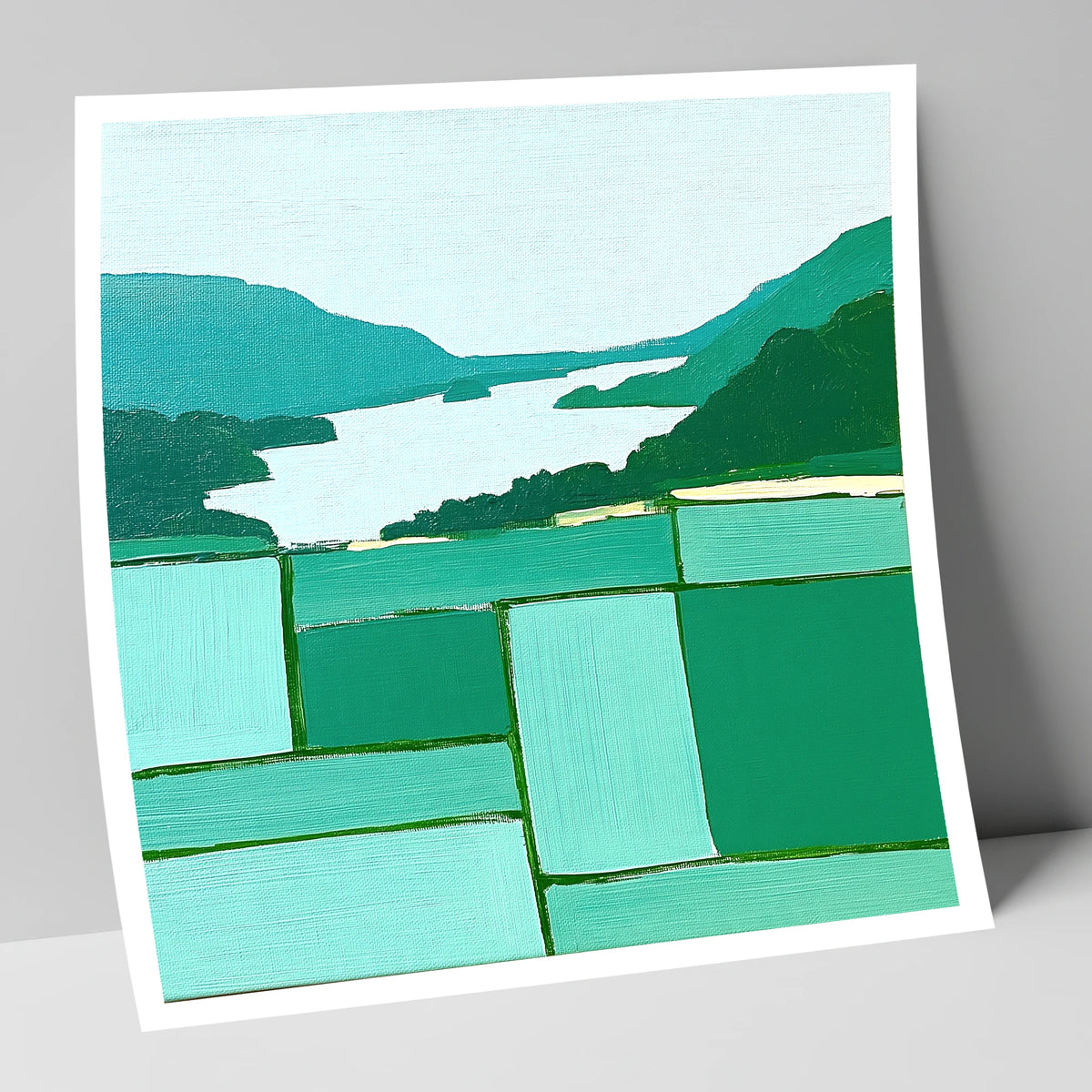 Geometric Greens Above Glenridding lake district village art print