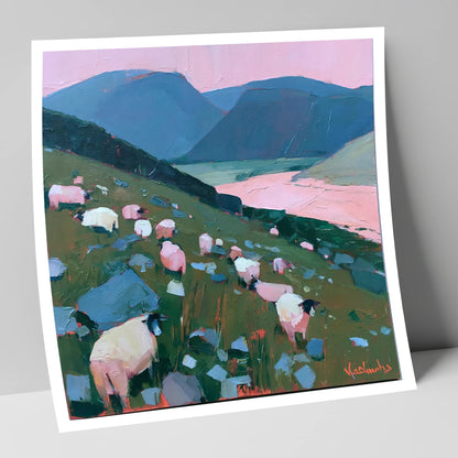 Herdwick Sheep Under Pink Skies lake district wildlife art print
