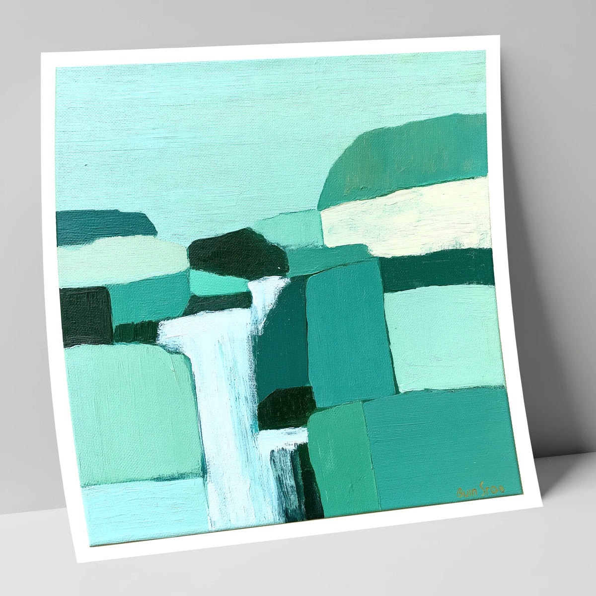 Abstract Teal Waterfall Over Rocks lake district waterfall art print