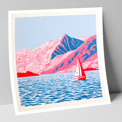 Red Sailboat on Vibrant Ullswater lake district lake art print