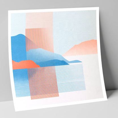 Derwentwater Fells Coral and Blue lake district lake art print