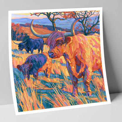 Highland Cattle in Vibrant Fell Light lake district wildlife art print
