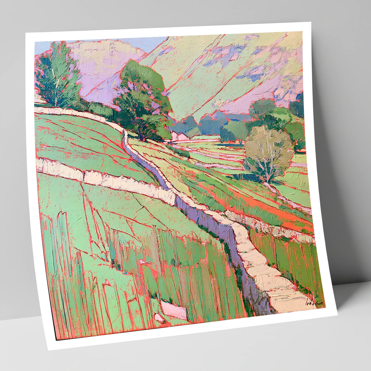 Vivid Drystone Wall Through Valley lake district valley art print