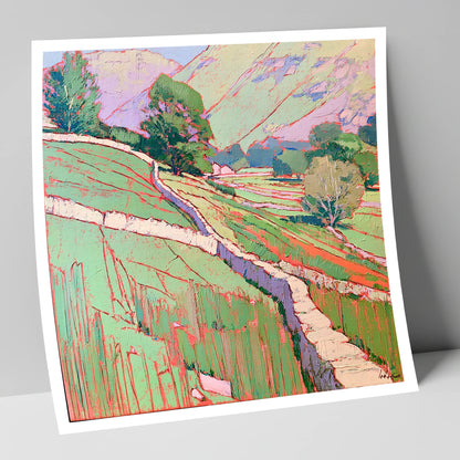 Vivid Drystone Wall Through Valley lake district valley art print