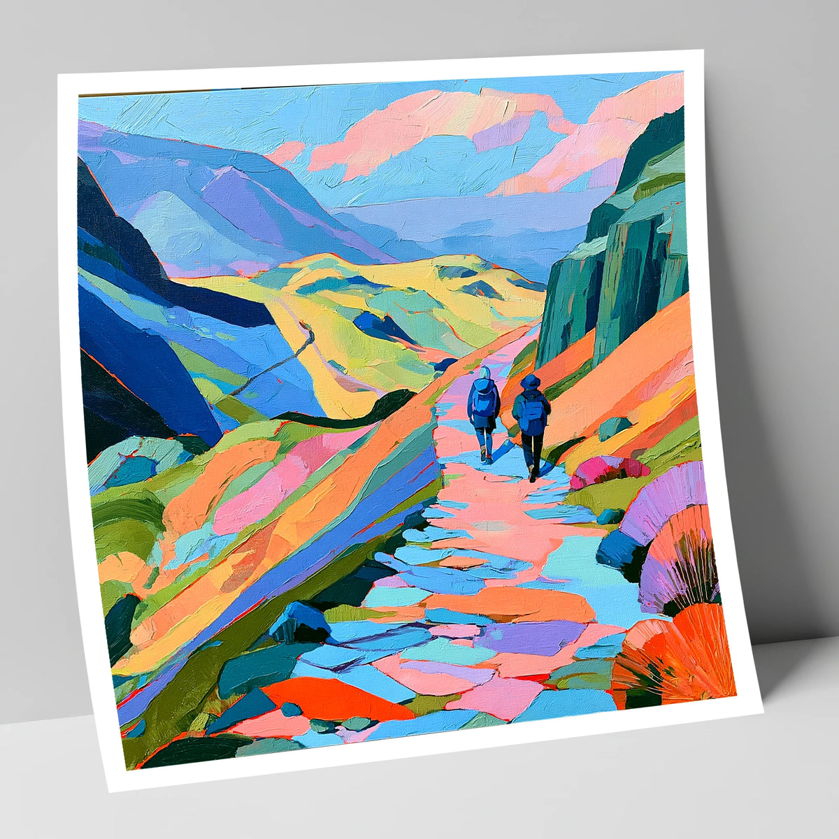 Walkers on a Vibrant Fell Path lake district walking art print