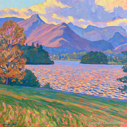 Radiant Derwentwater from Crow Park - lake district village art print and canvas by Celia Harding A.I