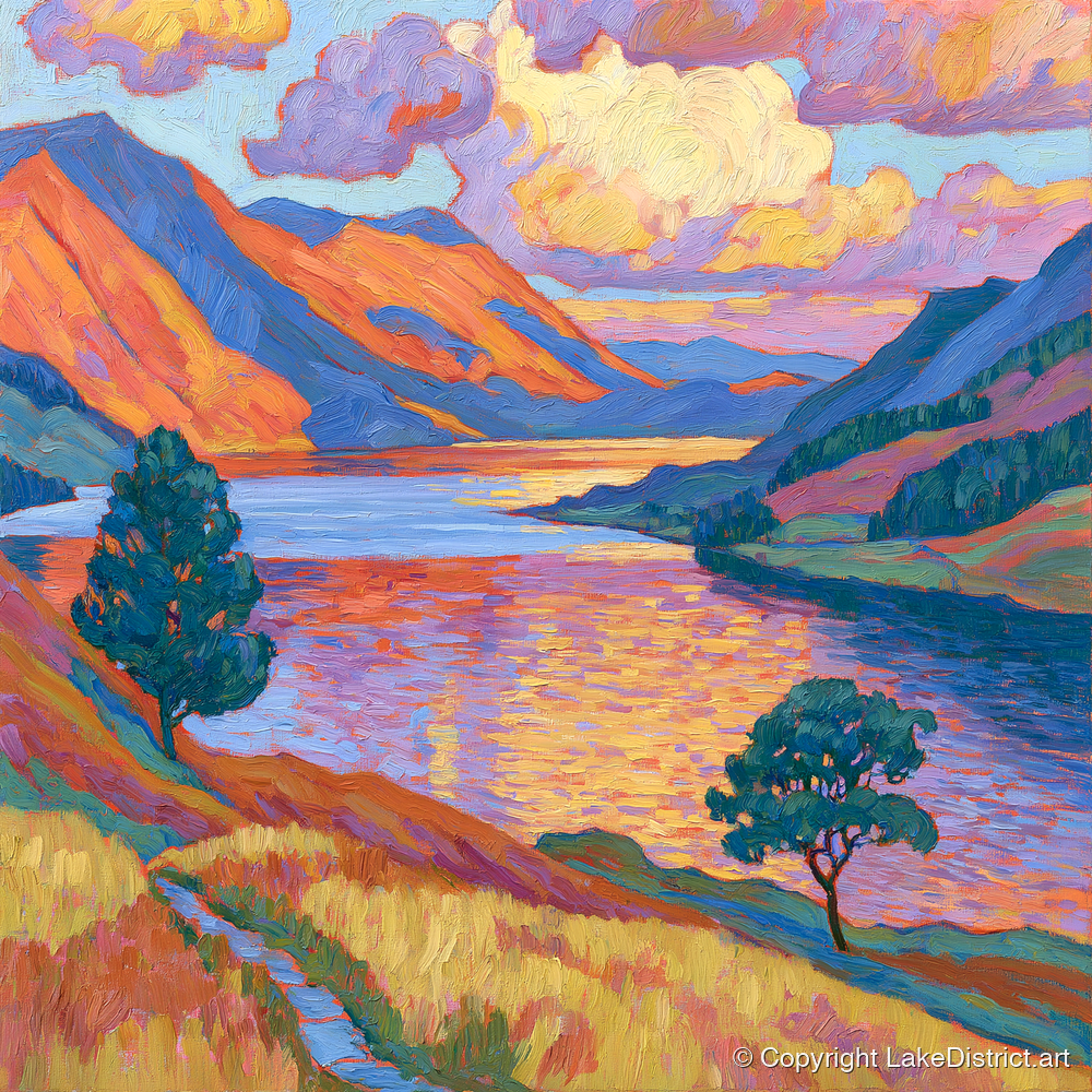 Radiant Evening Glow on the Fells - lake district lake art print and canvas by Celia Harding A.I