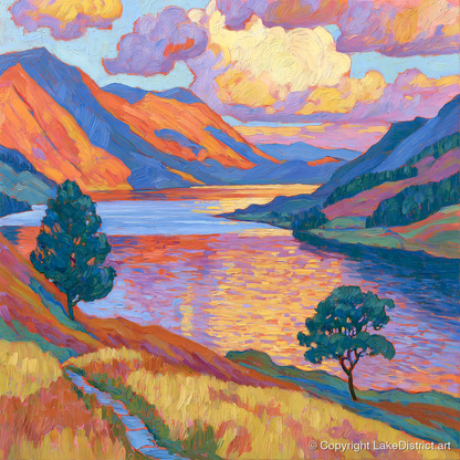 Radiant Evening Glow on the Fells - lake district lake art print and canvas by Celia Harding A.I