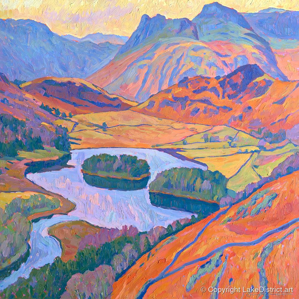 Radiant Fells Above Elter Water - lake district lake art print and canvas by Celia Harding A.I