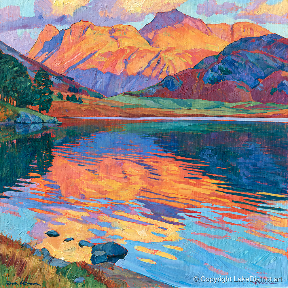 Radiant Fells and Lake Reflections - lake district lake art print and canvas by Celia Harding A.I