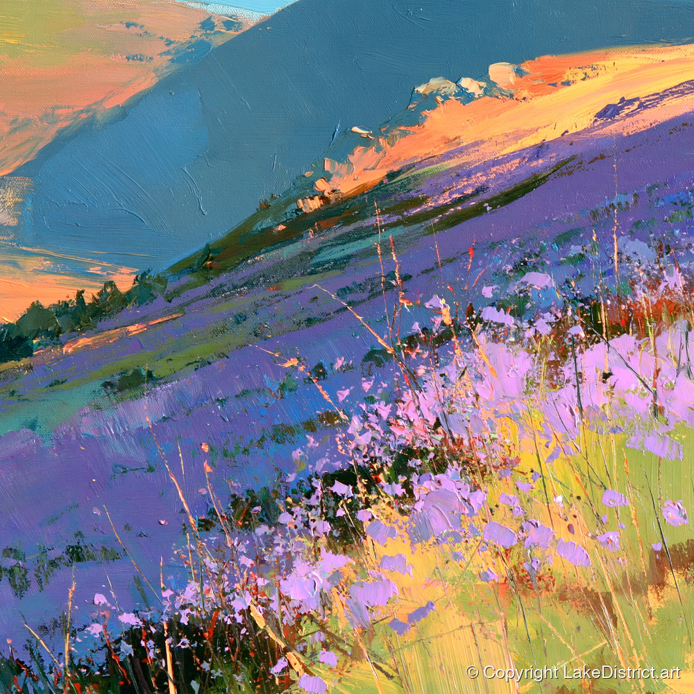 Radiant Heather Fellside at Sunset - flowers & fellsides art print and canvas by Oscar Bellamy A.I