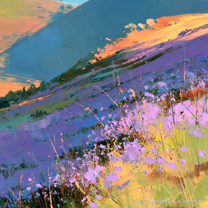 Radiant Heather Fellside at Sunset - flowers & fellsides art print and canvas by Oscar Bellamy A.I