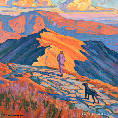 Radiant Helvellyn Dog Walk - gifts for dog walkers art print and canvas by Celia Harding A.I