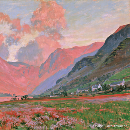 Radiant Pink Sunset Over Fells - lake district fell art print and canvas by Clara Sterling A.I