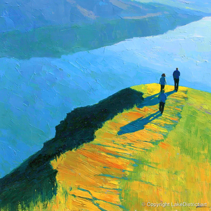 Radiant Ridge Walk Overlooking Blue Lake - lake district fell art print and canvas by Daphne Morley A.I