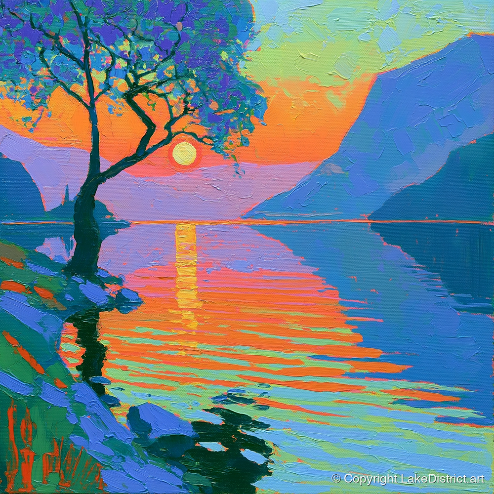 Radiant Sunset Over Lake Water - lake district lake art print and canvas by Jonathan Crawford A.I