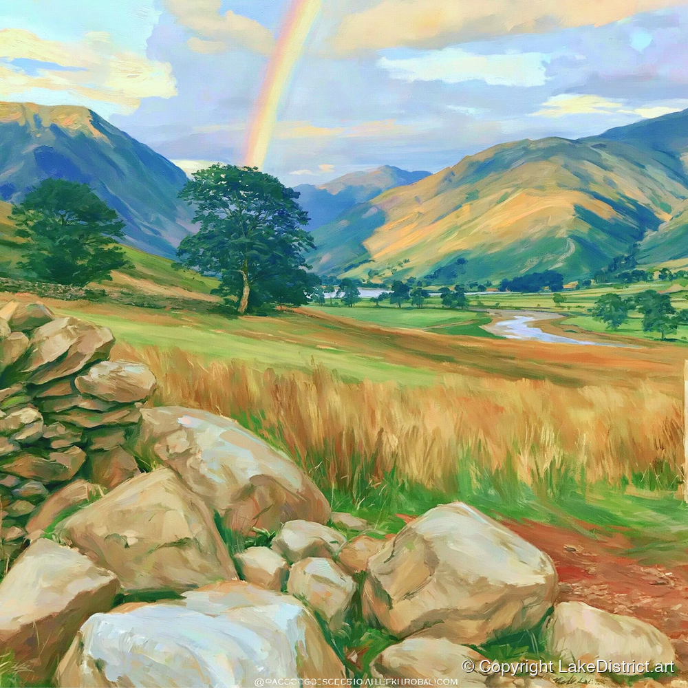 Rainbow Over a Sunlit Valley - lake district sky art print and canvas by Henry Cavendish A.I