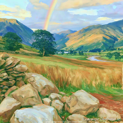 Rainbow Over a Sunlit Valley - lake district sky art print and canvas by Henry Cavendish A.I