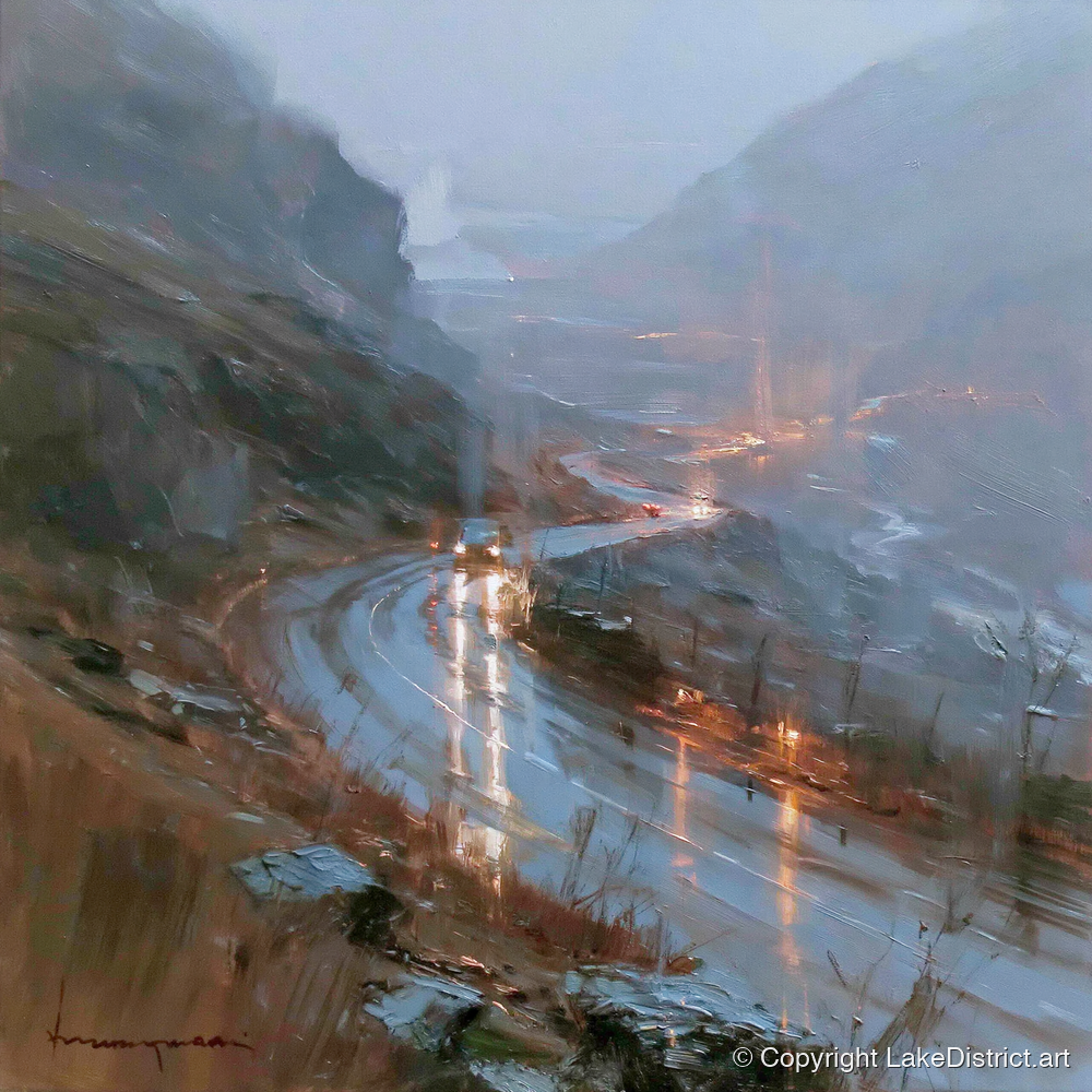 Rainy Mountain Pass at Dusk - lake district valley art print and canvas by Marcus Dalton A.I