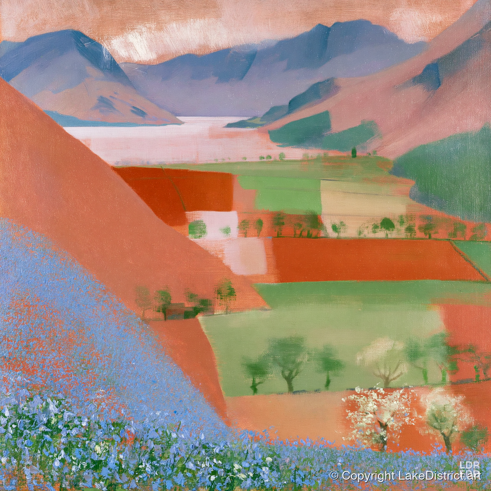 Rannerdale Bluebells Over Crummock Water - lake district lake art print and canvas by Arthur Pendelton A.I