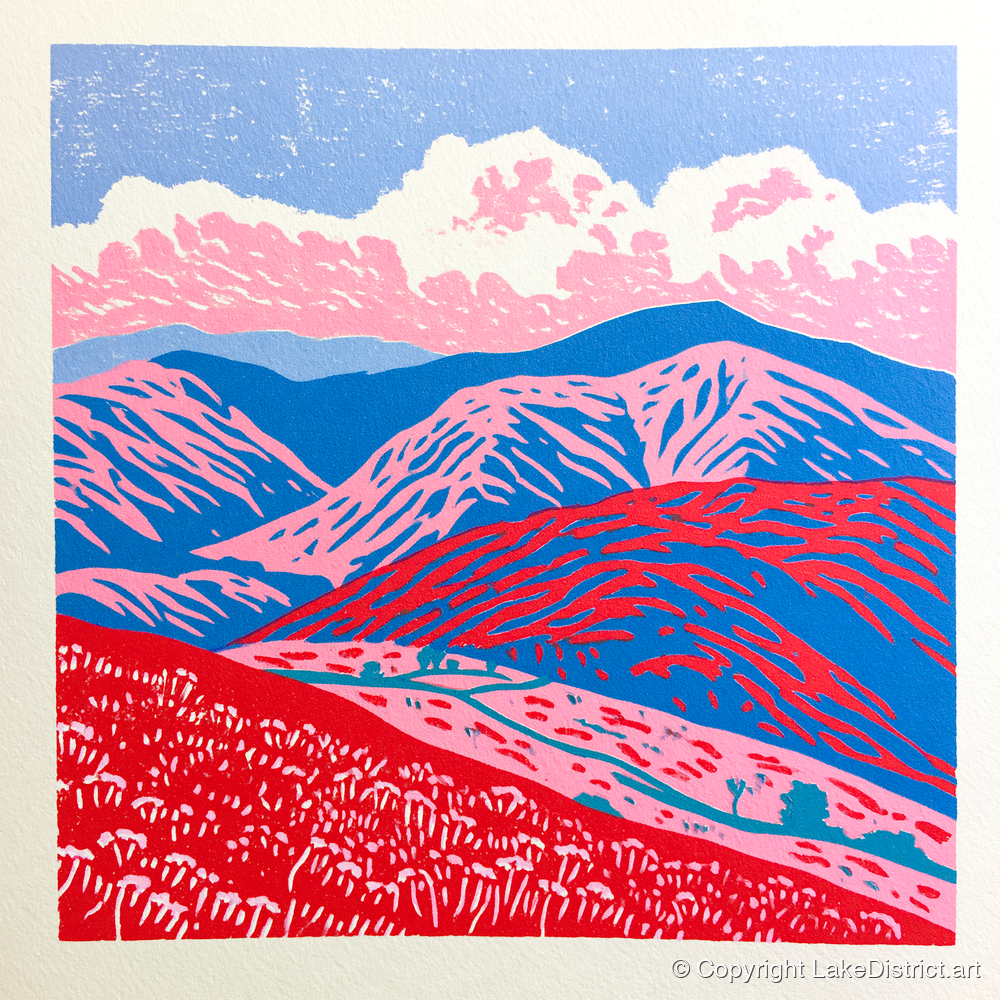 Red and Blue Rolling Fells - lake district fell art print and canvas by Christopher Seaton A.I