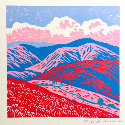 Red and Blue Rolling Fells - lake district fell art print and canvas by Christopher Seaton A.I