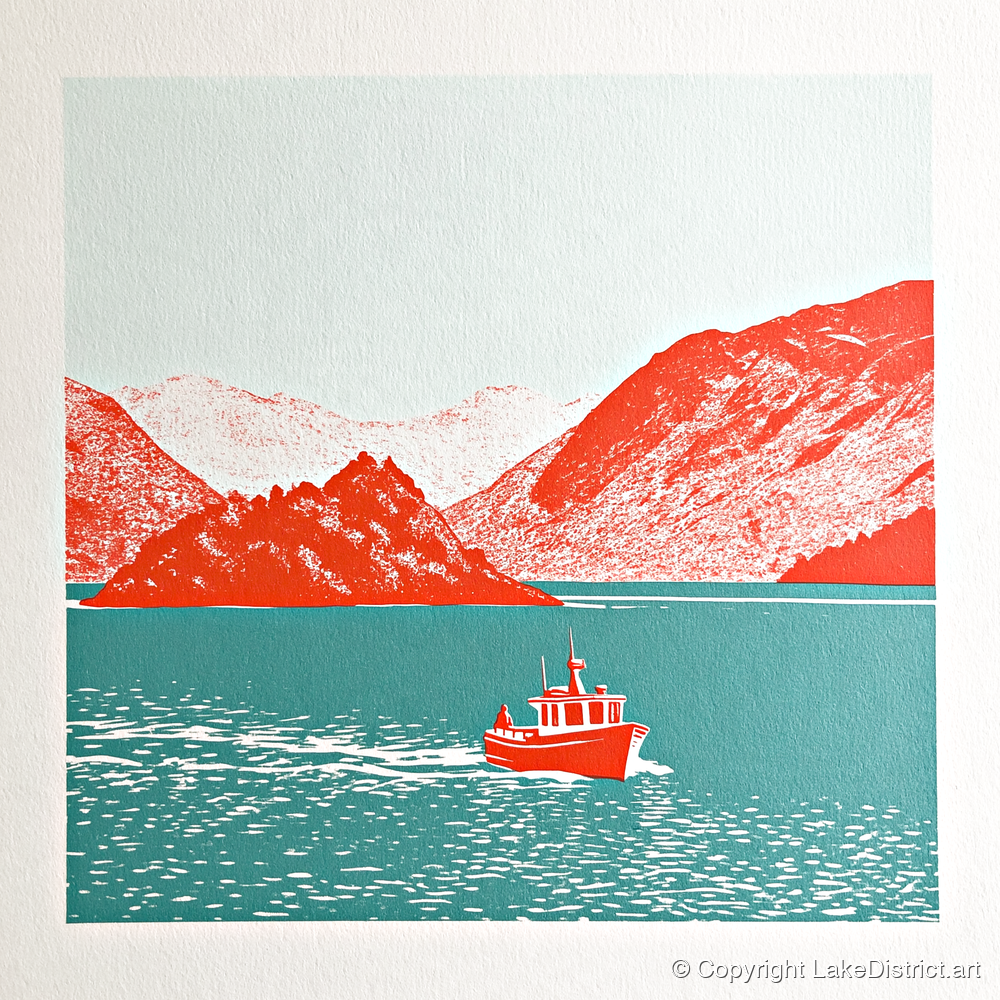 Red Boat on Teal Derwentwater - lake district lake art print and canvas by Edward Loxley A.I