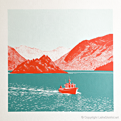 Red Boat on Teal Derwentwater - lake district lake art print and canvas by Edward Loxley A.I