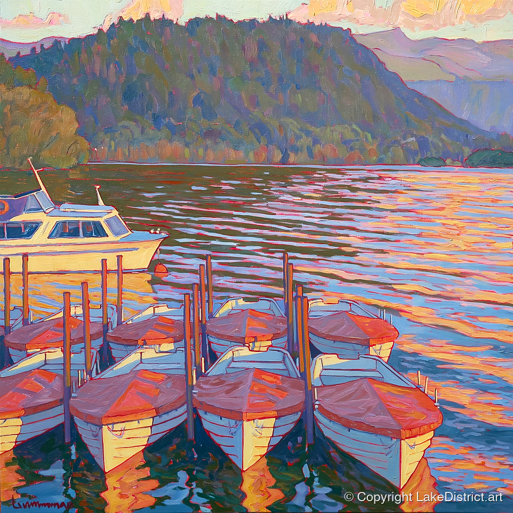 Red Covered Boats on Windermere - lake district lake art print and canvas by Celia Harding A.I