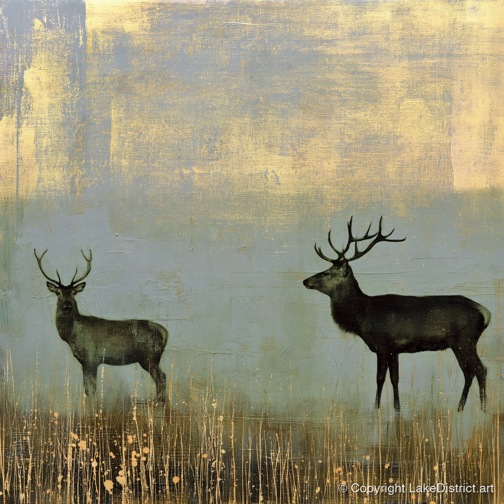 Red Deer in Slate and Gold - lake district wildlife art print and canvas by Graham Whitaker A.I