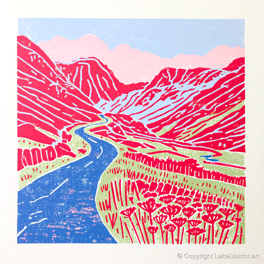 Red Fells Over Hardknott Pass - lake district valley art print and canvas by Christopher Seaton A.I