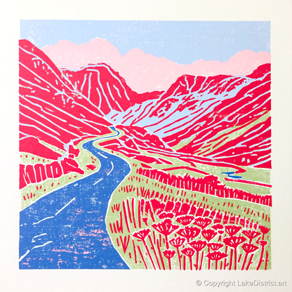 Red Fells Over Hardknott Pass - lake district valley art print and canvas by Christopher Seaton A.I