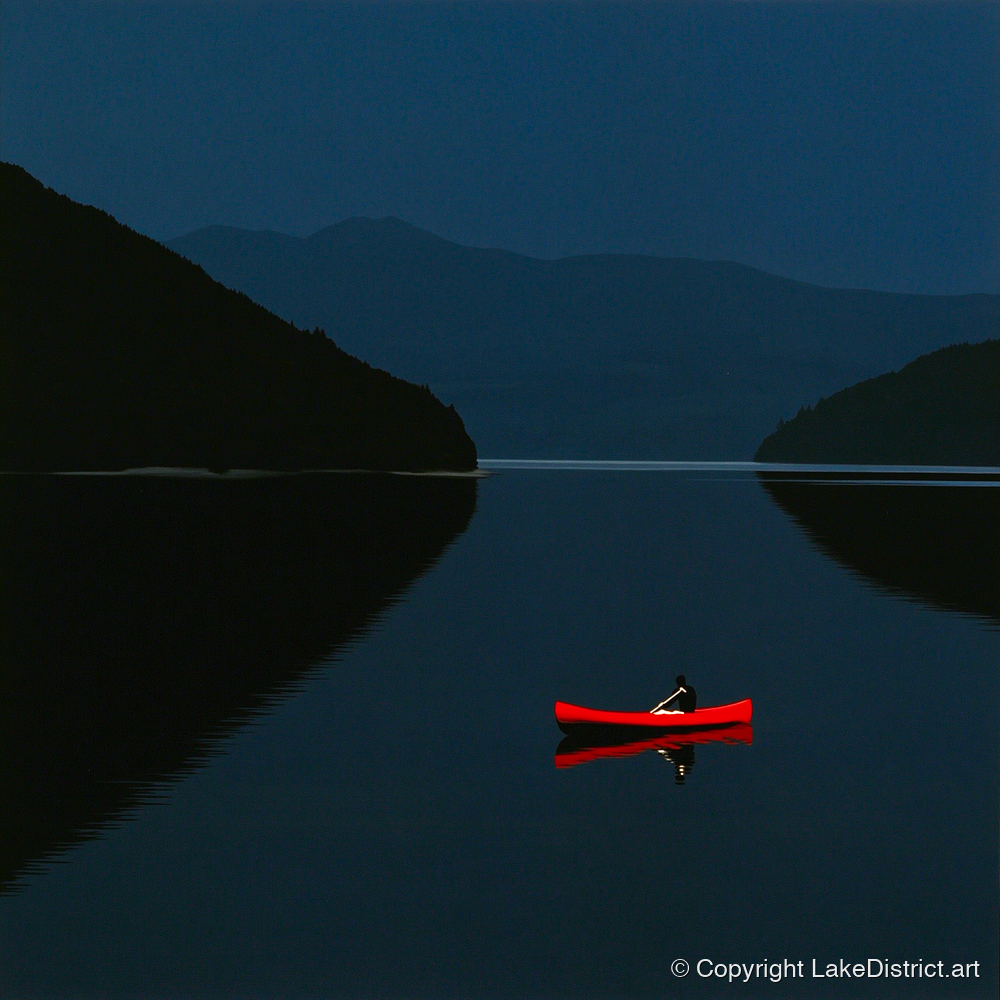 Red Kayak on Twilight Lake - lake district walking art print and canvas by Adelaide Calloway A.I