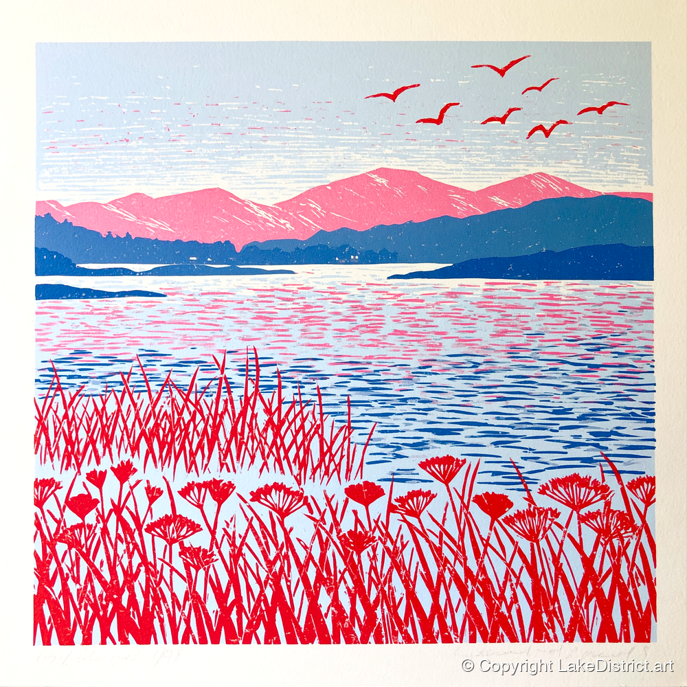 Red Reeds Over Coniston Water - lake district lake art print and canvas by Christopher Seaton A.I