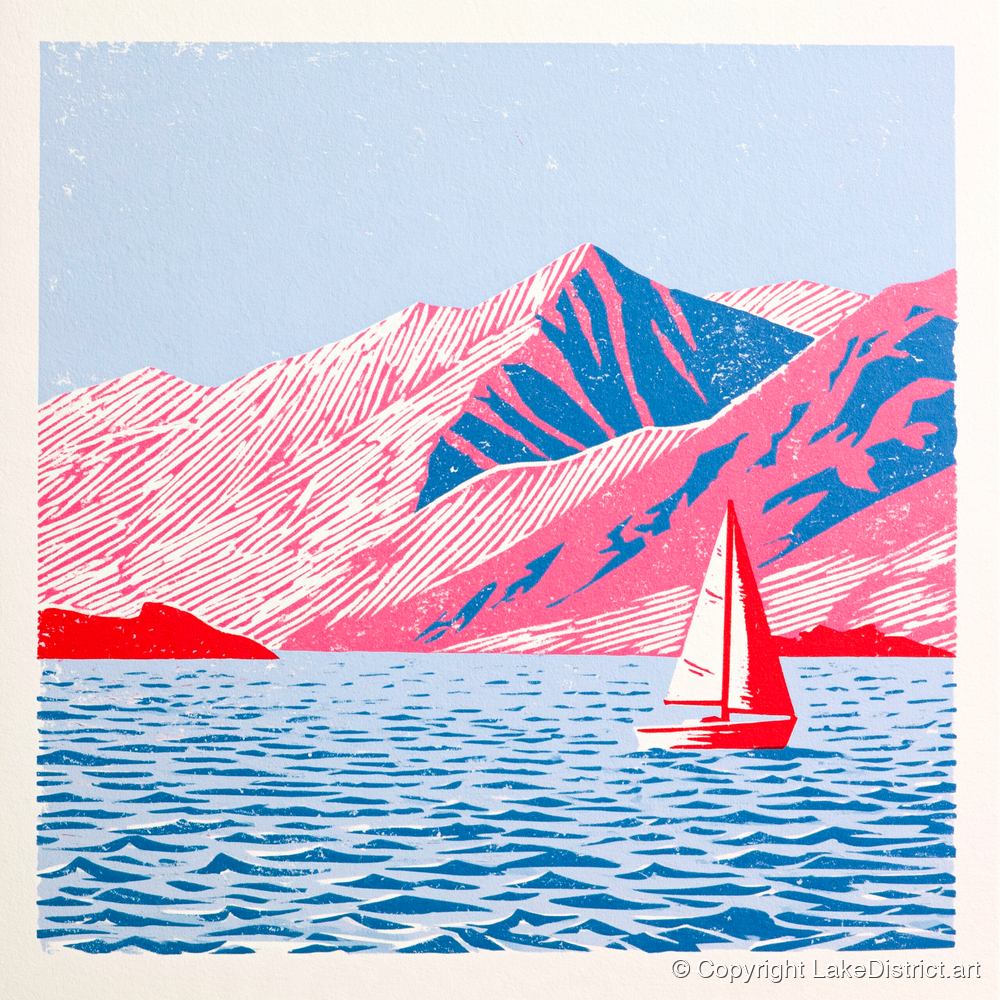 Red Sailboat on Vibrant Ullswater - lake district lake art print and canvas by Christopher Seaton A.I